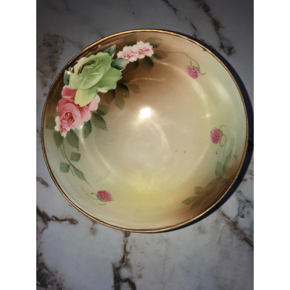 Antique Nippon Hand Painted Porcelain Bone Chia Three Footed Bowl, Pink Roses